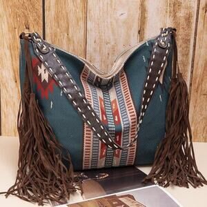 Southwestern Design Fringe Tassel Hobo Shoulder Bag Teal Blue Orange Tan Brown